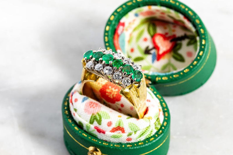 1970’s Emerald & Diamond 3 row ring set in 18ct yellow gold