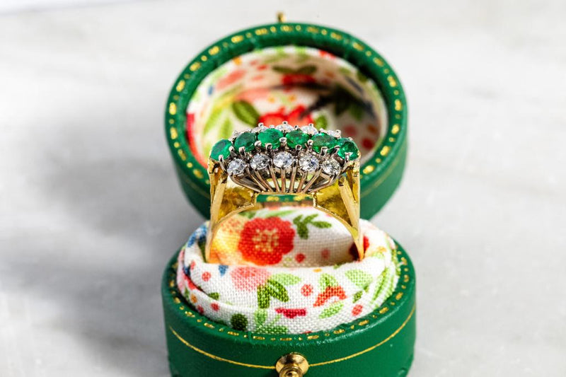 1970’s Emerald & Diamond 3 row ring set in 18ct yellow gold
