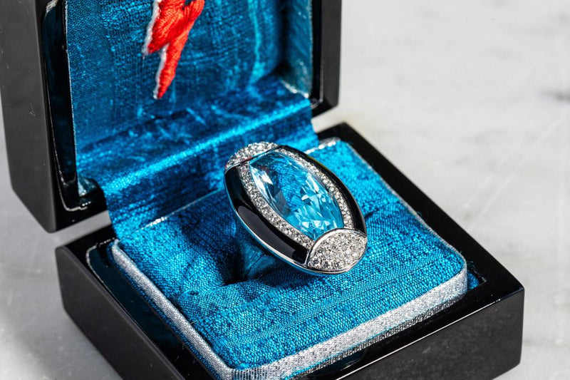 Art Deco style Aqua, Diamond and onyx ring set in 18ct white gold
